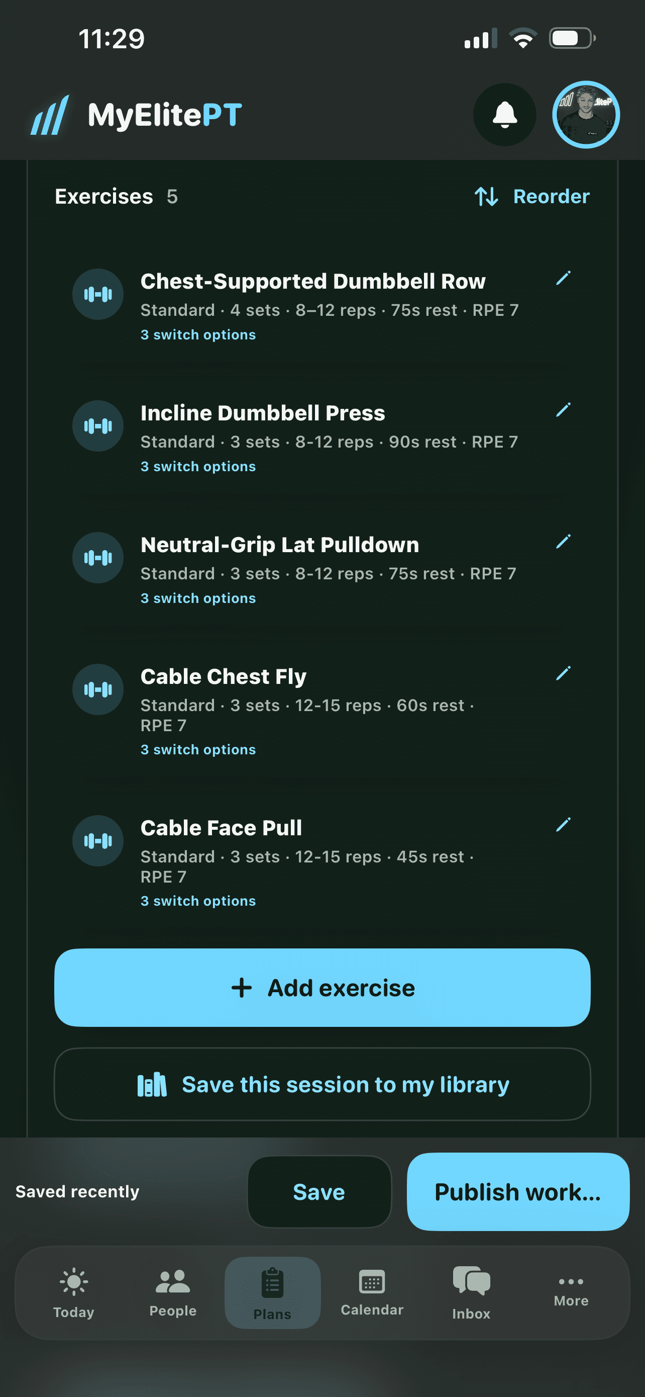 MyElitePT PT workout editor with five Back and Chest exercises, sets, reps, rest periods, and edit and reorder controls.