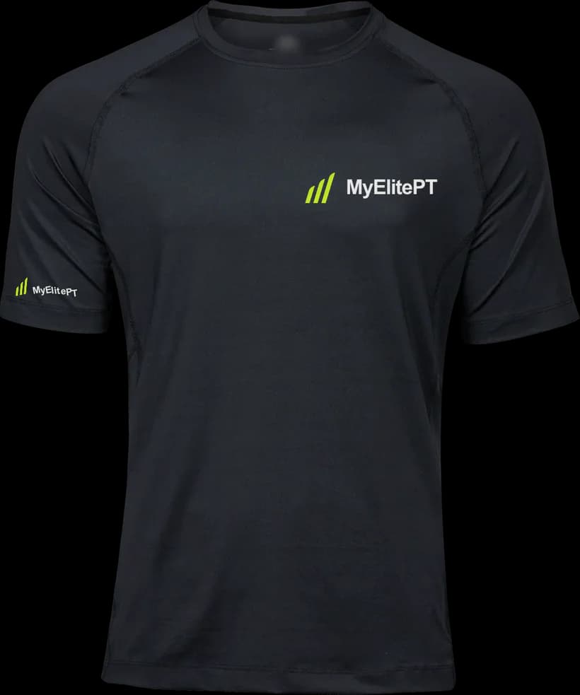 Front of the black MyElitePT personalised personal trainer performance top