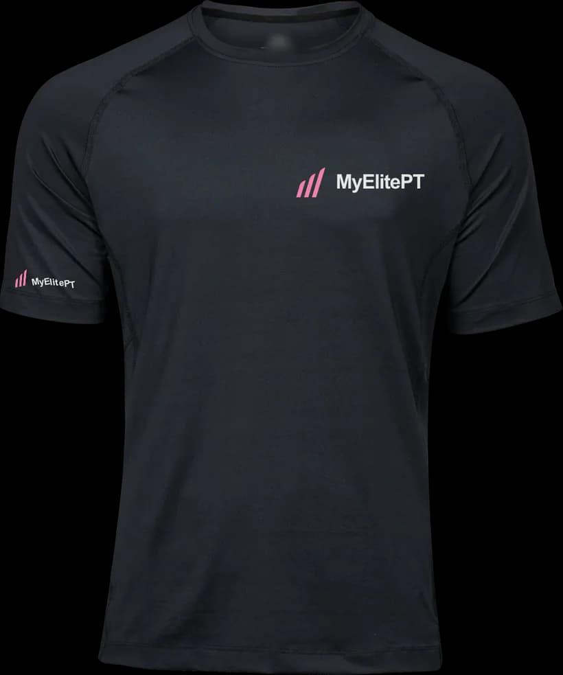 Black MyElitePT personal trainer top with pink detailing