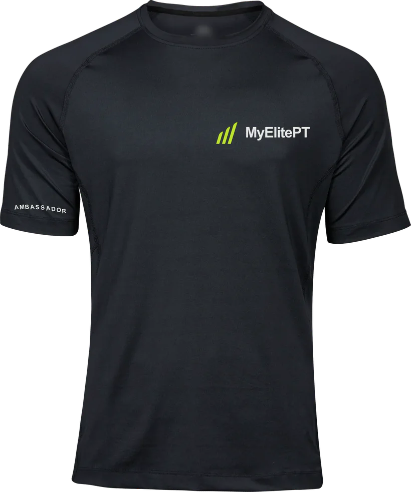 Black MyElitePT Ambassador top, front view, with Lime print