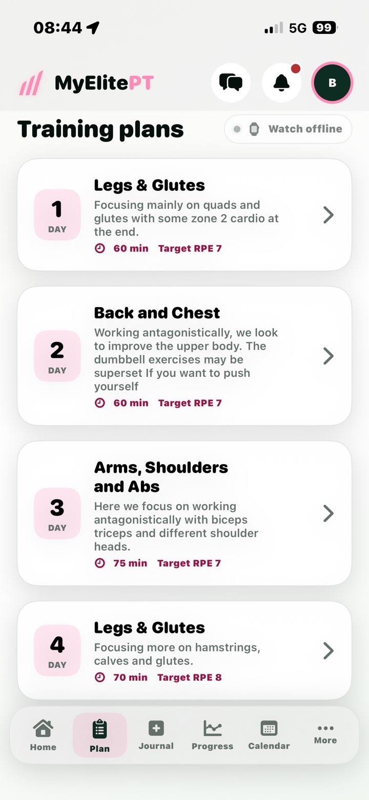 MyElitePT iPhone app showing four personalised training sessions with their duration and effort targets.